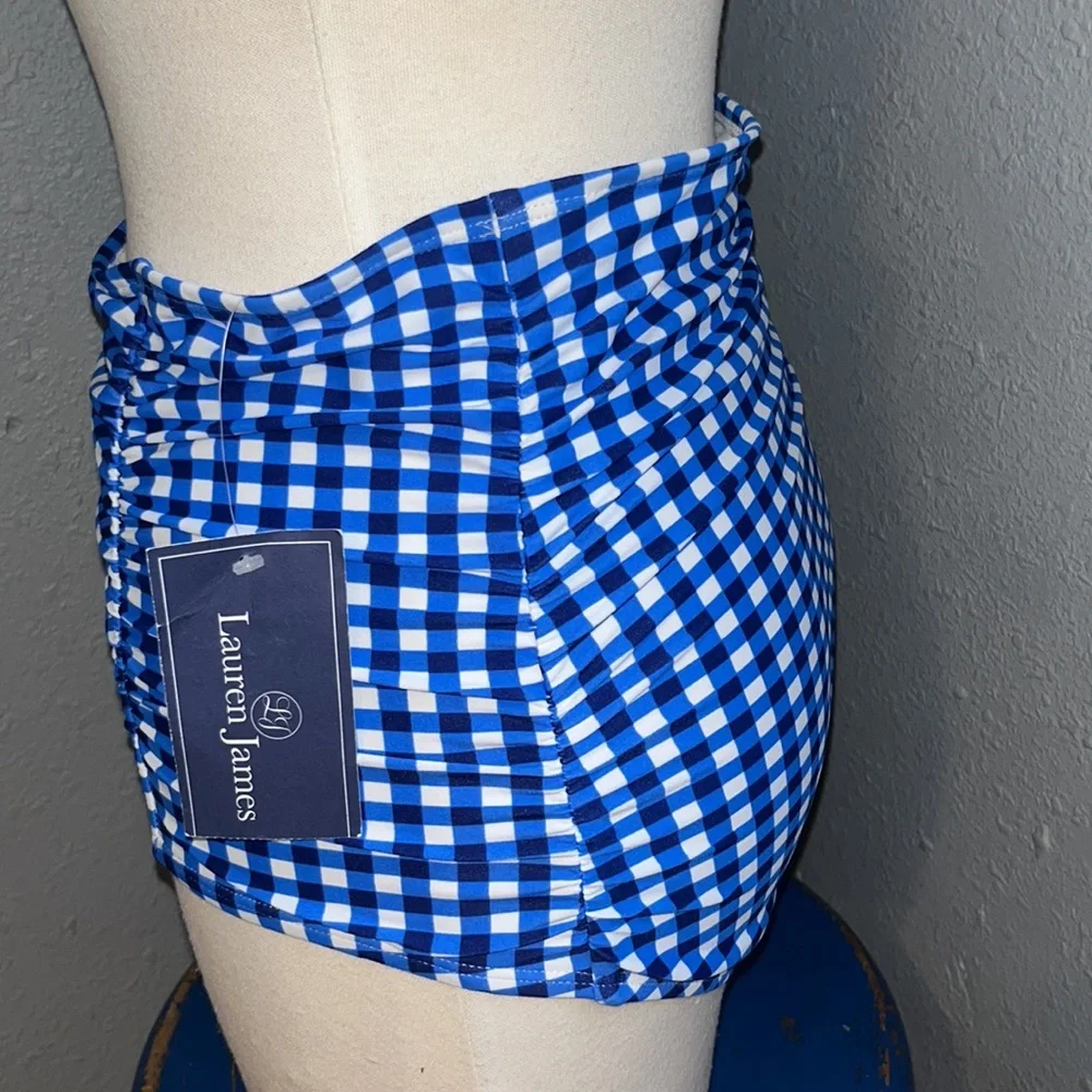 NWT $52 Lauren James High Waisted Shirred Gingham Swim Bottoms Size Small!